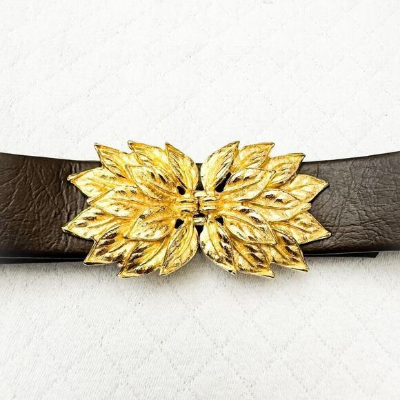 Vintage Gold Flower Brown Leather Belt Vintage Clasp Size M main image 6
